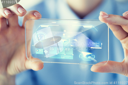 Image of close up of woman with transparent smartphone