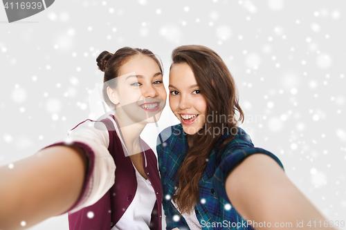 Image of happy smiling pretty teenage girls taking selfie