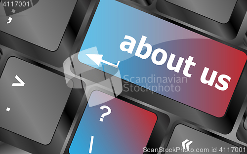Image of Marketing concept: computer keyboard with word About Us, selected focus on enter button background, 3d render vector, keyboard keys, keyboard button