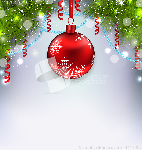 Image of Christmas glowing background with glass ball, fir branches, stre