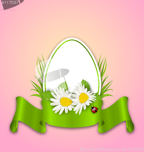 Image of Easter paper egg with flowers daisy, grass, butterfly and ribbon