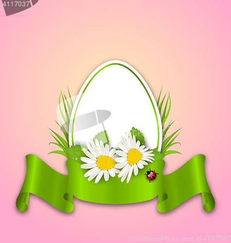 Image of Easter paper egg with flowers daisy, grass, butterfly and ribbon