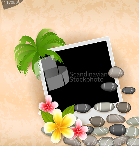 Image of Exotic natural background with empty photo frame, palm tree, flo