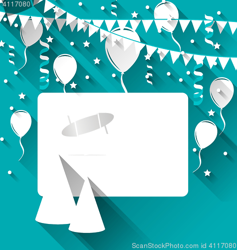 Image of Celebration card with party hats, balloons, confetti and hanging