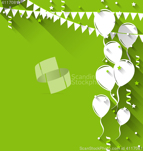 Image of Happy birthday background with balloons and hanging pennants, tr