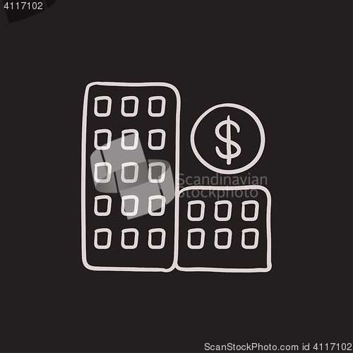 Image of Condominium with dollar symbol sketch icon.