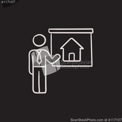 Image of Real estate agent showing house sketch icon.