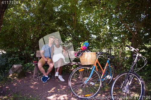 Image of Young  couple having joyful bike ride in nature