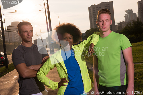 Image of portrait multiethnic group of people on the jogging