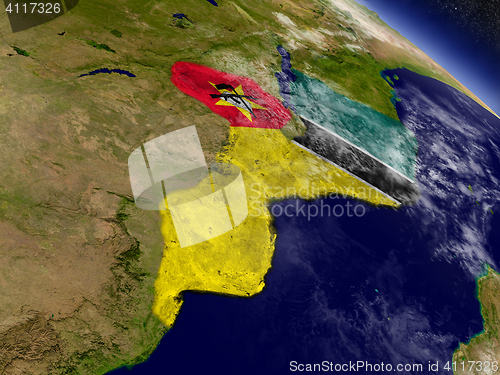 Image of Mozambique with embedded flag on Earth
