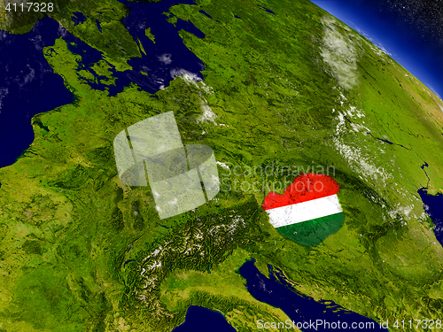 Image of Hungary with embedded flag on Earth