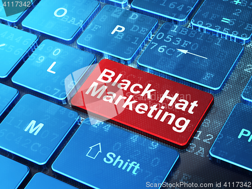 Image of Finance concept: Black Hat Marketing on computer keyboard background