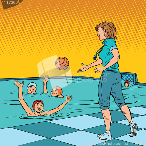 Image of coach playing with children sport water Polo