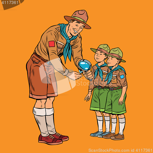 Image of scoutmaster shows little insect to young scouts