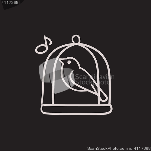 Image of Bird singing in cage sketch icon.