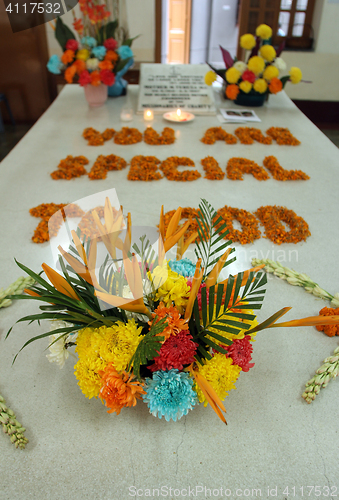 Image of Tomb of Mother Teresa, decorated with fresh flowers in Kolkata, West Bengal, India