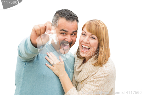 Image of Mixed Race Couple Isolated on White Holding New House Keys