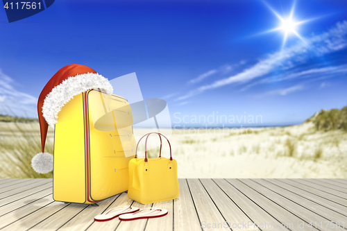 Image of some luggage on a wooden jetty