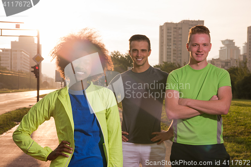 Image of portrait multiethnic group of people on the jogging