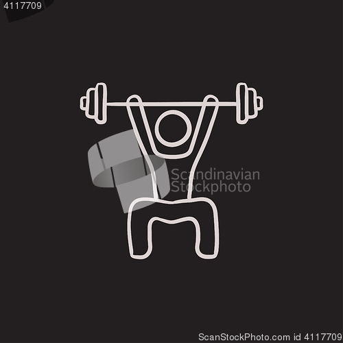 Image of Man exercising with barbell sketch icon.