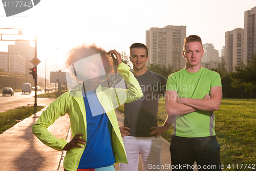 Image of portrait multiethnic group of people on the jogging