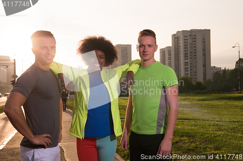 Image of portrait multiethnic group of people on the jogging