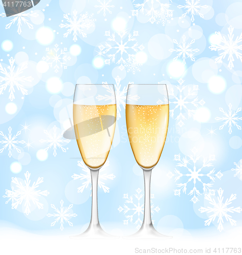 Image of Snowflakes Elegance Background with Glasses of Champagne