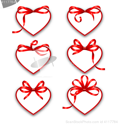 Image of Set Paper Cards in Form Hearts with Red Bows for Happy Valentine