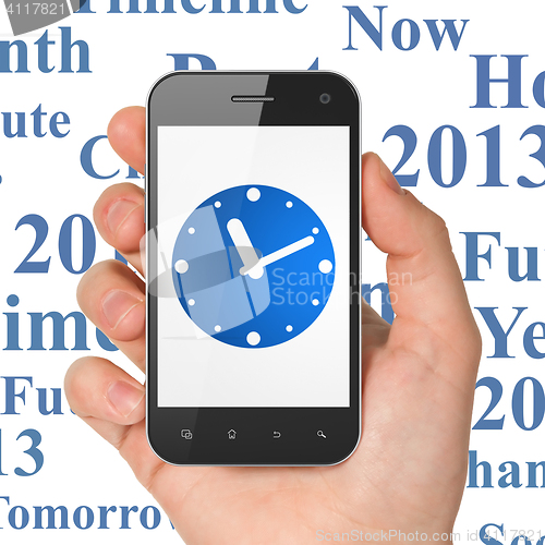 Image of Timeline concept: Hand Holding Smartphone with Clock on display