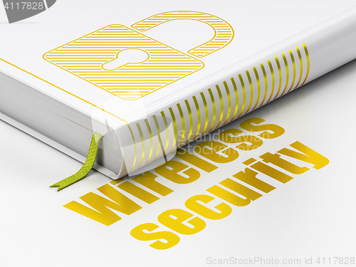 Image of Protection concept: book Closed Padlock, Wireless Security on white background
