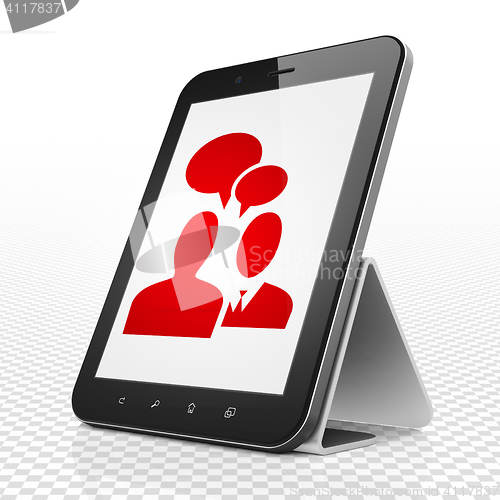 Image of Business concept: Tablet Computer with Business Meeting on display