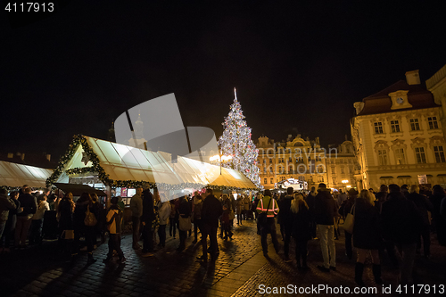 Image of Night scene of Old Town Square with the Christmas tree in Prague