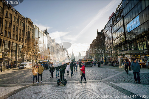 Image of Famous advent Christmas decorated Wenceslas square in Prague