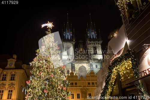 Image of Night scene of Old Town Square with the Christmas tree in Prague