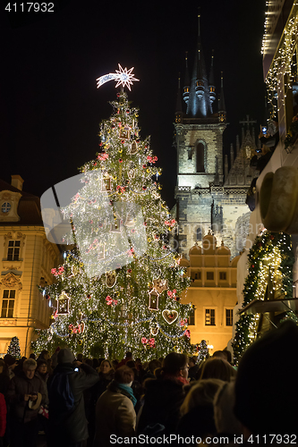 Image of Night scene of Old Town Square with the Christmas tree in Prague