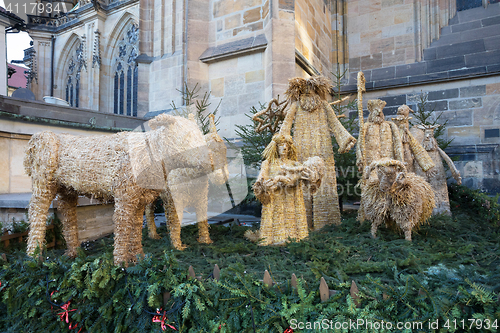 Image of Straw nativity scene at st. vitus cathedral in Prague