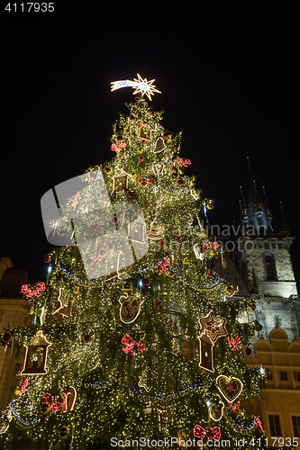 Image of Night scene of Old Town Square with the Christmas tree in Prague