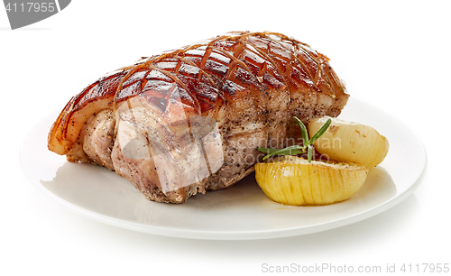 Image of roasted pork on white plate