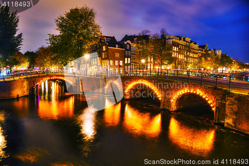 Image of Amsterdam city view with canals and bridges