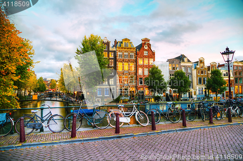 Image of Amsterdam city view with canals and bridges