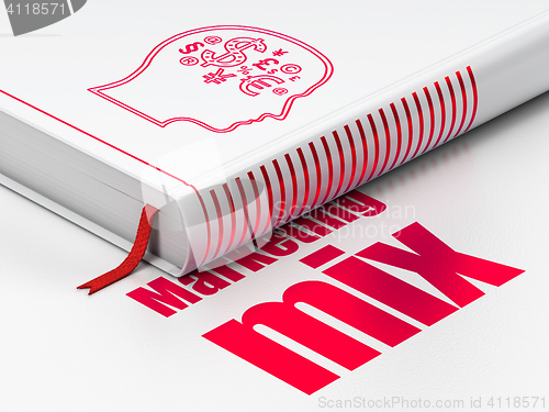 Image of Advertising concept: book Head With Finance Symbol, Marketing Mix on white background