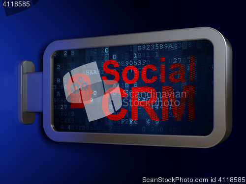 Image of Marketing concept: Social CRM and Head With Gears on billboard background