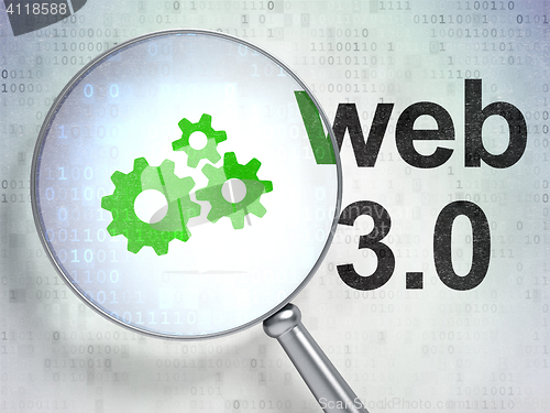 Image of Web design concept: Gears and Web 3.0 with optical glass