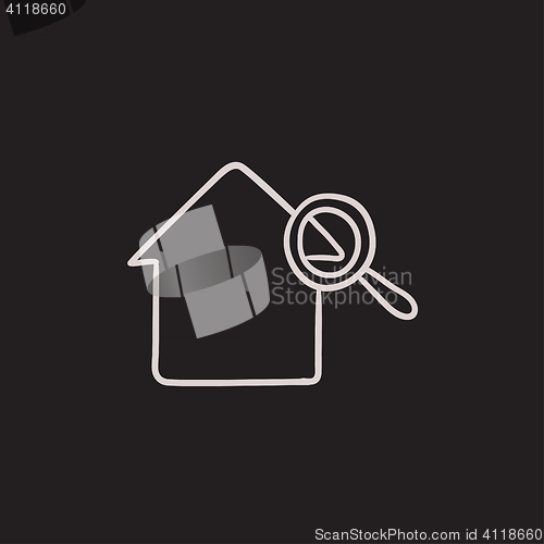 Image of House and magnifying glass sketch icon.