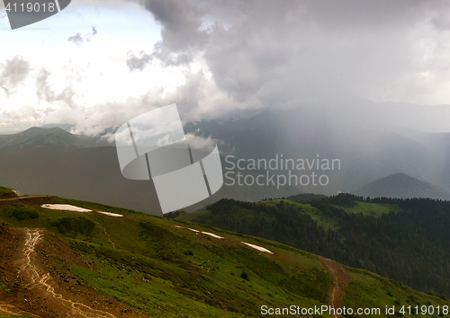 Image of The mountainous landscape of the slopes covered by forest.