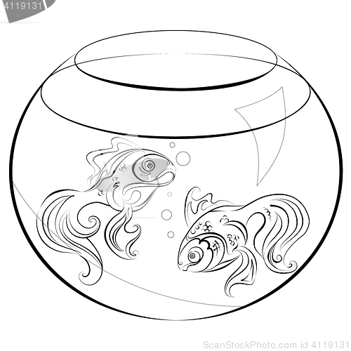 Image of Illustration no fill color - two stylized goldfish in an aquarium