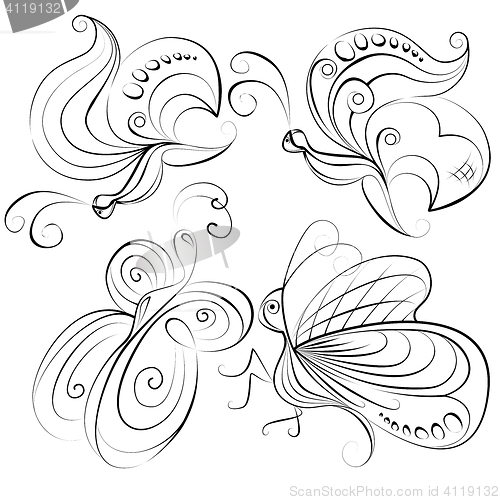 Image of Illustration - four different butterflies without a fill color on white background