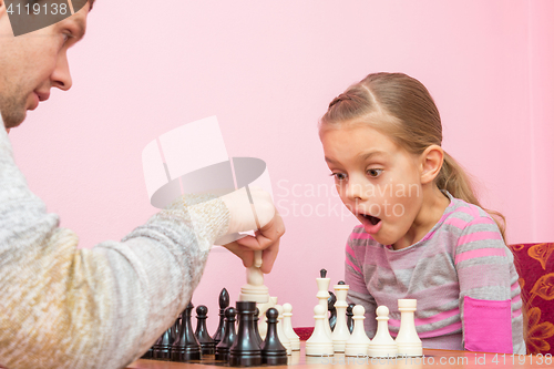 Image of My daughter was surprised and opened her mouth when dad killed another piece on the chessboard