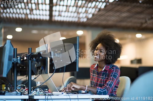 Image of young black woman at her workplace in modern office