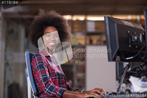 Image of young black woman at her workplace in modern office